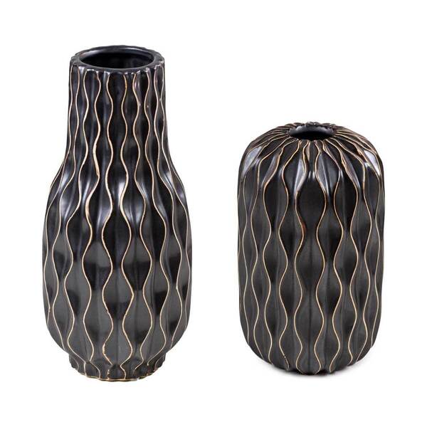 Conjunto De 2 Vasos De Cerâmica Alto Relevo Preto Gs0011 E Gs