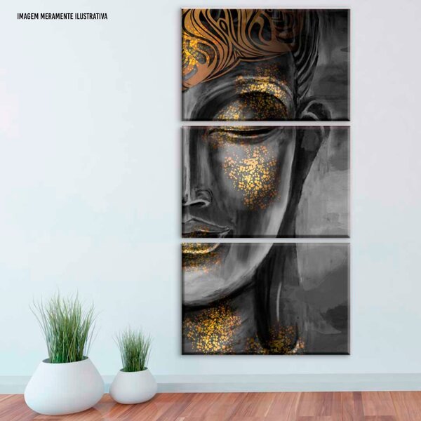 Conjunto De 3 Telas Decorativa Buda Cinza E Dourado