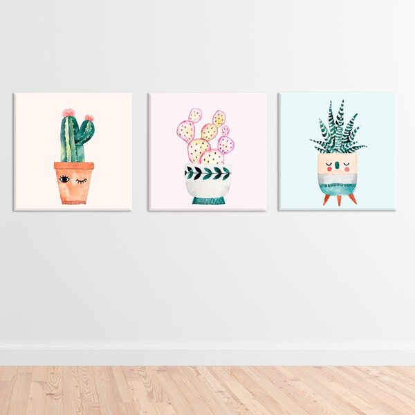 Conjunto De 3 Telas Decorativas Em Canvas Cactos Único