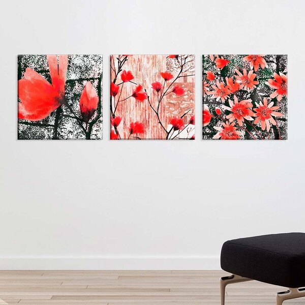 Conjunto De 3 Telas Decorativas Em Canvas Flores Vermelhas Ún