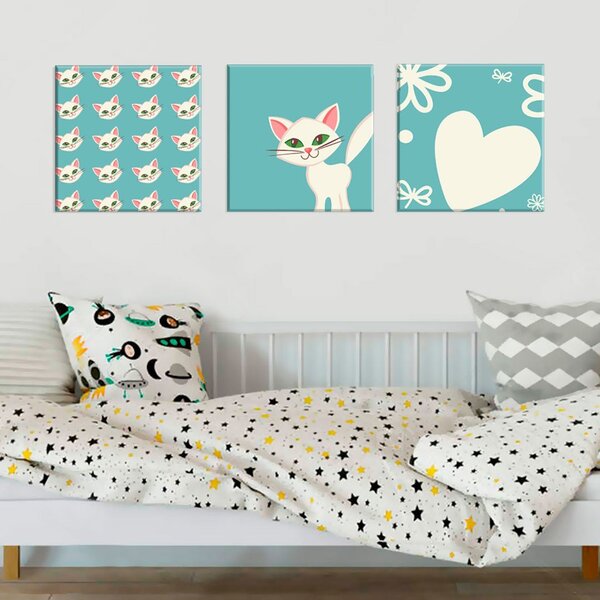 Conjunto De 3 Telas Decorativas Em Canvas Love Baby Cat Único