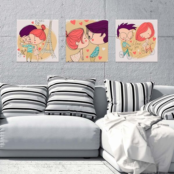 Conjunto De 3 Telas Decorativas Em Canvas Lovers Único