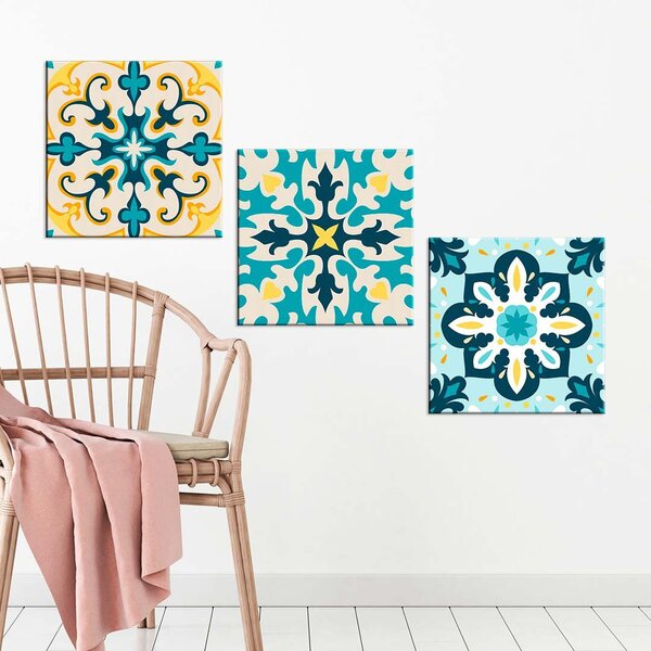 Conjunto De 3 Telas Decorativas Em Canvas Mandalas Blue Único