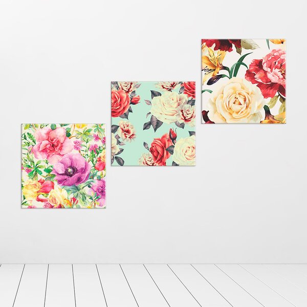 Conjunto De 3 Telas Decorativas Em Canvas Traços Florais Único