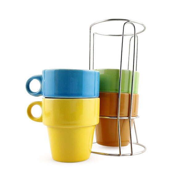 Conjunto De 4 Canecas De Cerâmica E Suporte De Inox Café Chá