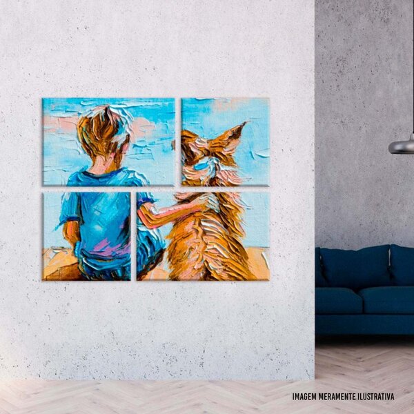 Conjunto De 4 Telas Decorativas Em Canvas Criança Com Cachorr