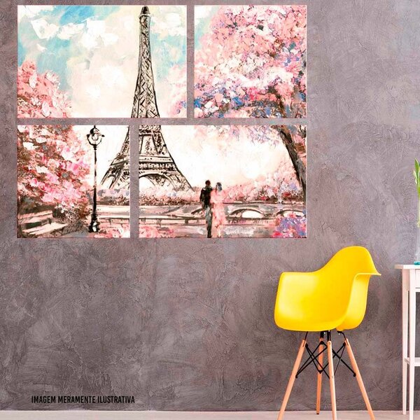 Conjunto De 4 Telas Decorativas Em Canvas Painting Paris Pink