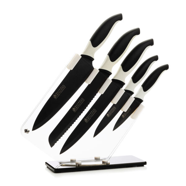 Conjunto de 5 facas e Suporte preto e branco Slice & Dice