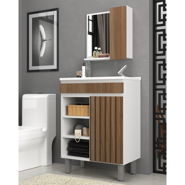 Conjunto De Balcão De Banheiro Bello 55 Com Espelho 1 Porta 2