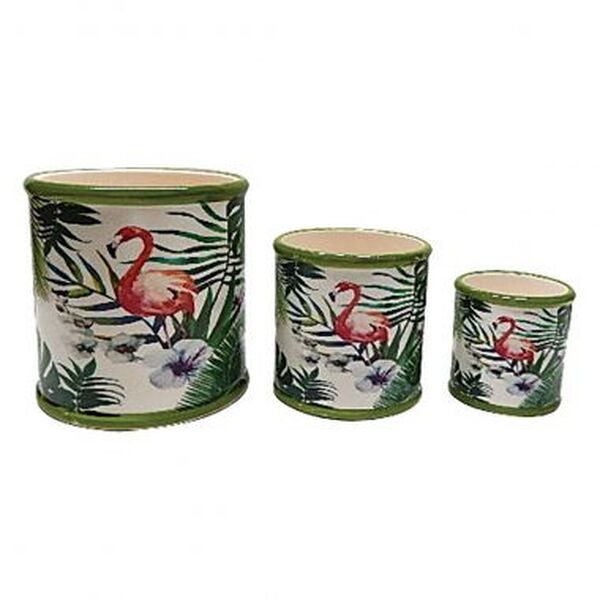 Conjunto De Cachepots De Ceramica Flamingo  3 Pcs  13cm X 13