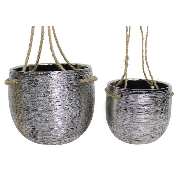 Conjunto De Cachepots De Ceramica Para Parede Prata Com Alca