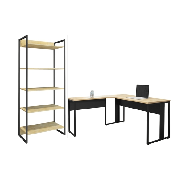 Conjunto De Escrivaninha Em L E Estante Milan Natura Preto