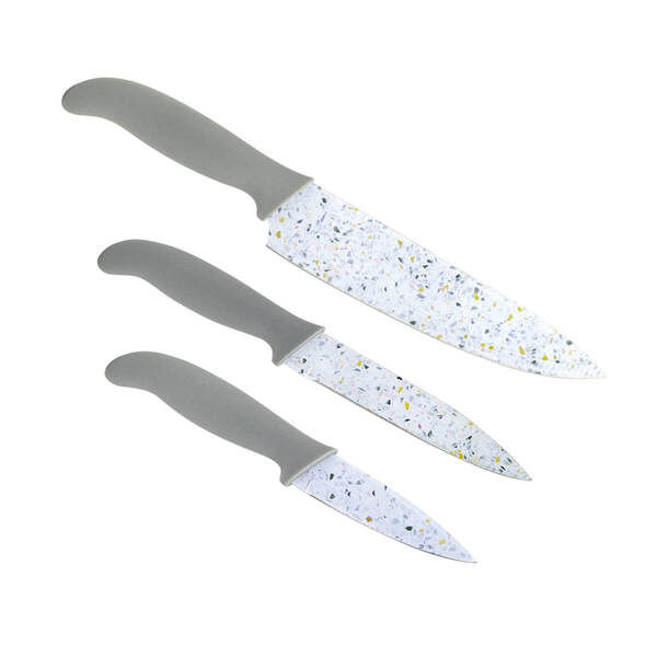 Conjunto De Facas Inox Lamina Branco Granilite 3 Peças Cinza