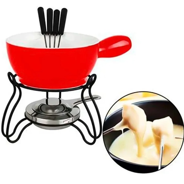 Conjunto De Fondue 8 Peças Panela 700ml Cerâmica Vermelho Gar