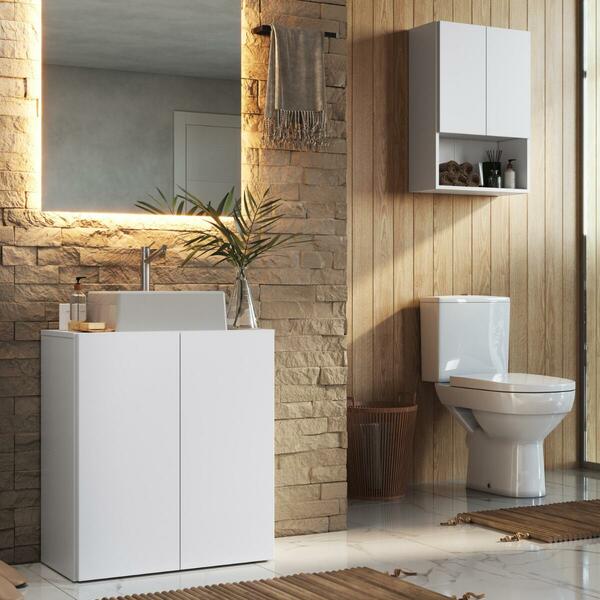 Conjunto De Gabinete Banheiro Com Armário Aéreo 2 Portas Mult