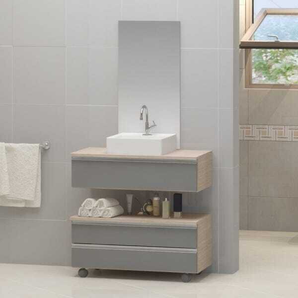 Conjunto De Gabinete Banheiro Creta 60cm Com Cuba E Espelho -