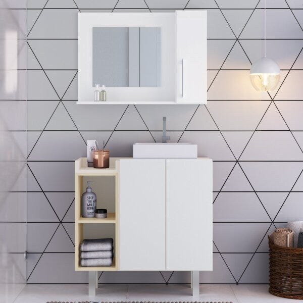 Conjunto De Gabinete E Espelheira Para Banheiro  Branco/bege
