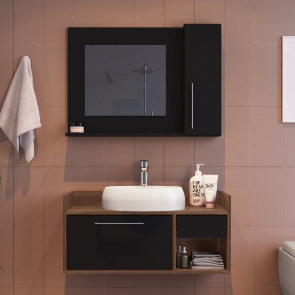 Conjunto De Gabinete E Espelheira Para Banheiro  Preto/madeir