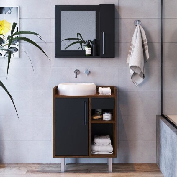 Conjunto De Gabinete E Espelheira Para Banheiro  Preto/madeir