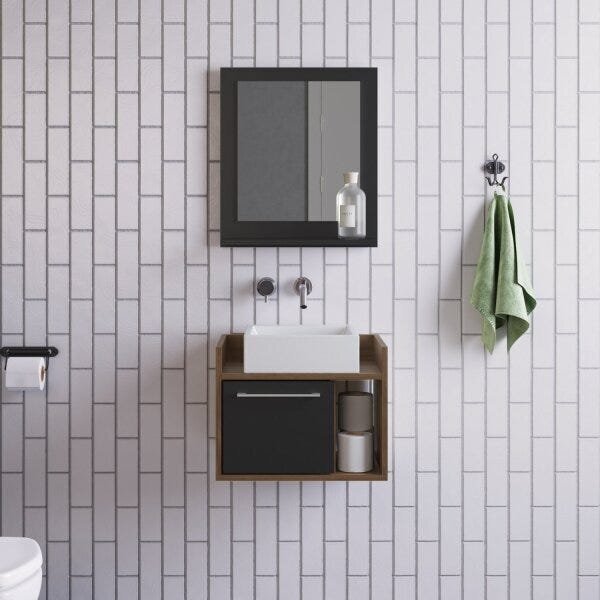 Conjunto De Gabinete E Espelheira Para Banheiro  Preto/madeir