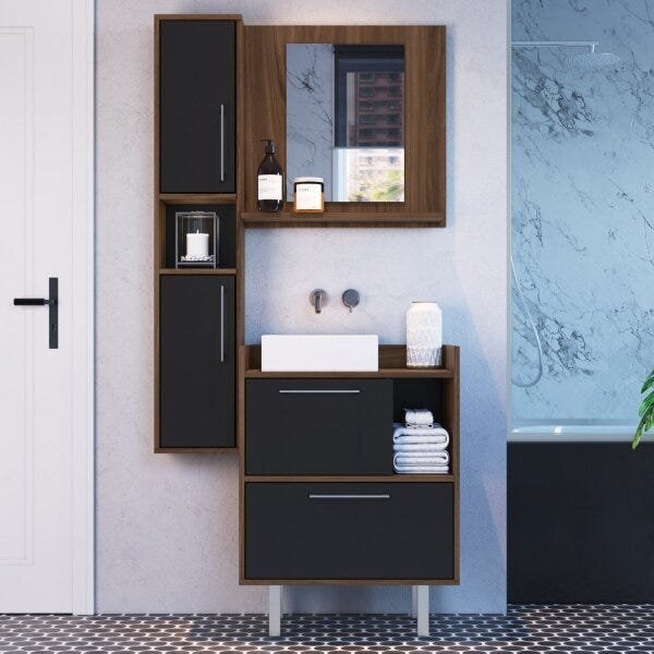 Conjunto De Gabinete E Espelheira Para Banheiro  Preto/madeir