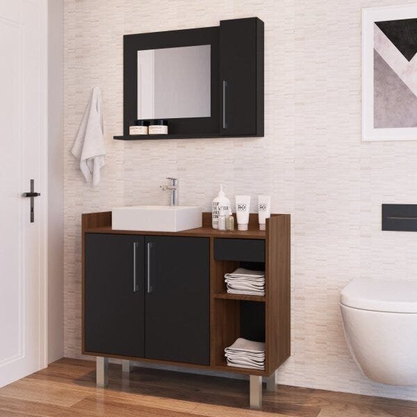 Conjunto De Gabinete E Espelheira Para Banheiro  Preto/madeir