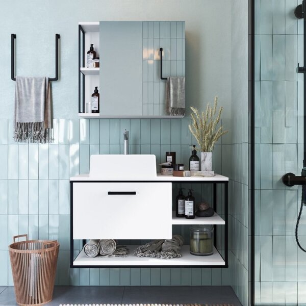 Conjunto De Gabinete Para Banheiro Suspenso 80cm Com Cuba E E