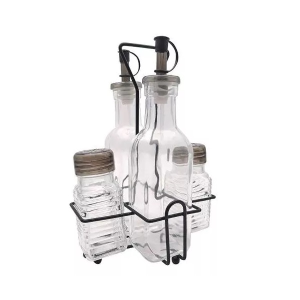 Conjunto De Galheteiro De Vidro Com Suporte De Ferro 4pçs 250