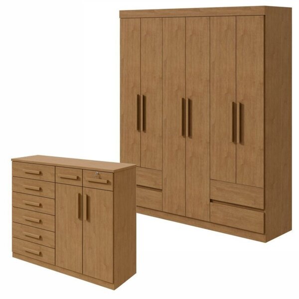 Conjunto De Guarda-roupa 6 Portas 4 Gavetas Zeus e Cômoda 8 G