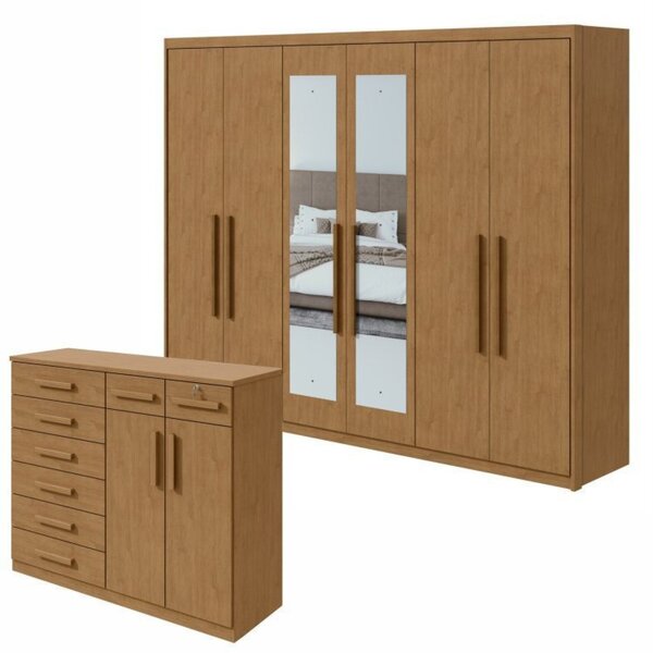 Conjunto De Guarda-roupa 6 Portas Com Espelho Áries E Cômoda