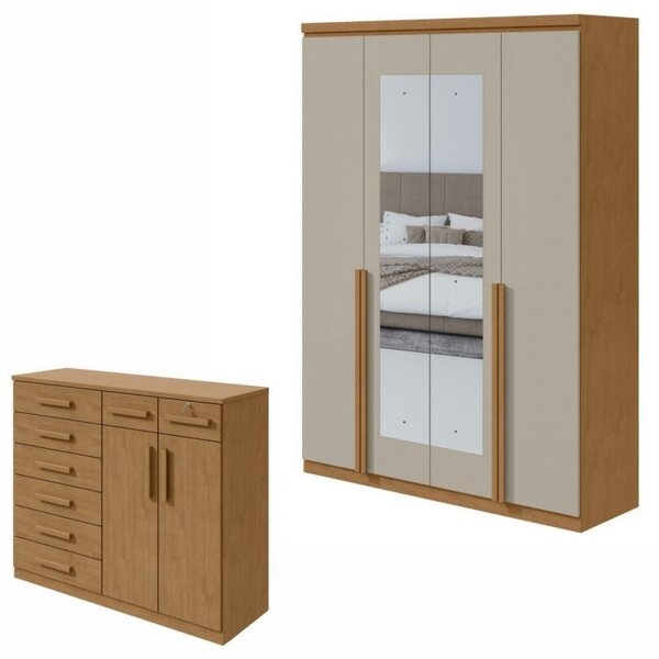 Conjunto De Guarda-roupa Alonzo 4 Portas Com Espelho E Cômoda