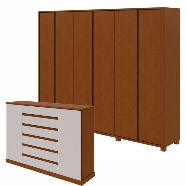 Conjunto De Guarda-roupa Casal Leder 6 Portas Com Pés e Cômod