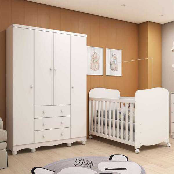 Conjunto De Guarda-roupa Junior Com Berço Uli 4 Pt 3 Gv Branco