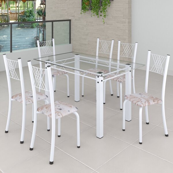Conjunto De Jantar Mesa 140x75cm Tampo De Vidro Incolor Com 6