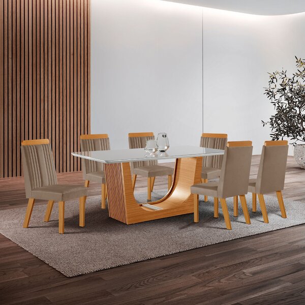 Conjunto De Jantar Mesa Maceió Tampo Mdf E Vidro Com 6 Cadeir