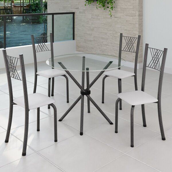 Conjunto De Jantar Mesa Tampo Redondo De Vidro Incolor Com 4