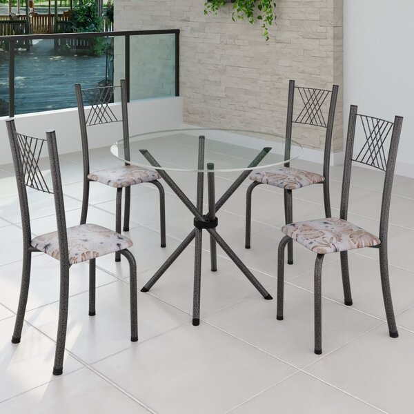 Conjunto De Jantar Mesa Tampo Redondo De Vidro Incolor Com 4