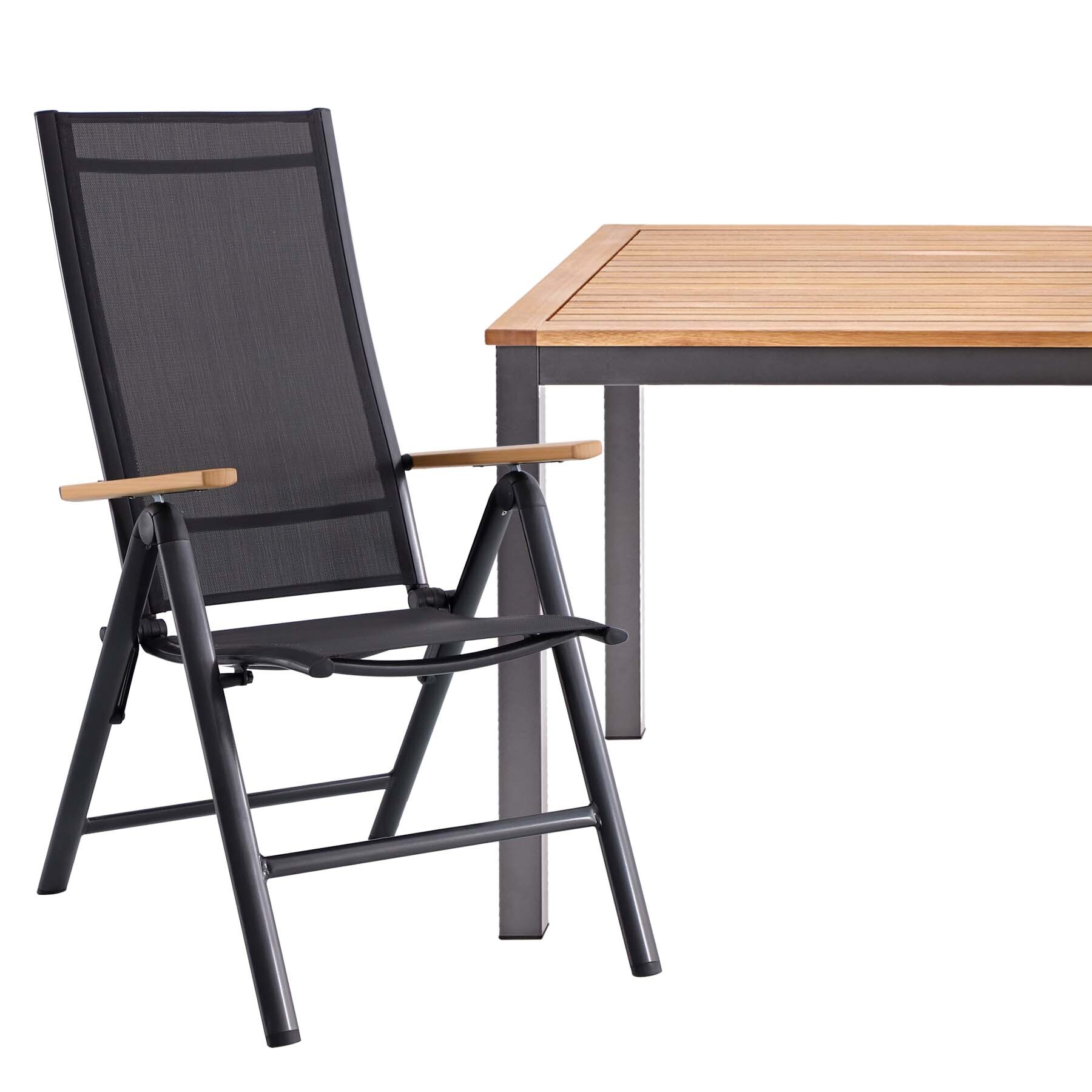 Conjunto para Jardim Mesa com 6 Cadeiras Reclináveis 74,6x89,3x150cm Alumínio|Madeira Preto Oris Naterial