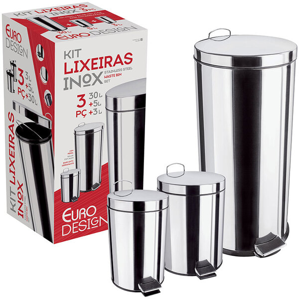 Conjunto De Lixeiras Inox Com Pedal 3 Peças 3, 5 E 30 Litros