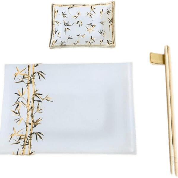 Conjunto De Louça Japonês Prato Bambu + Porta Hashi + Shoyo