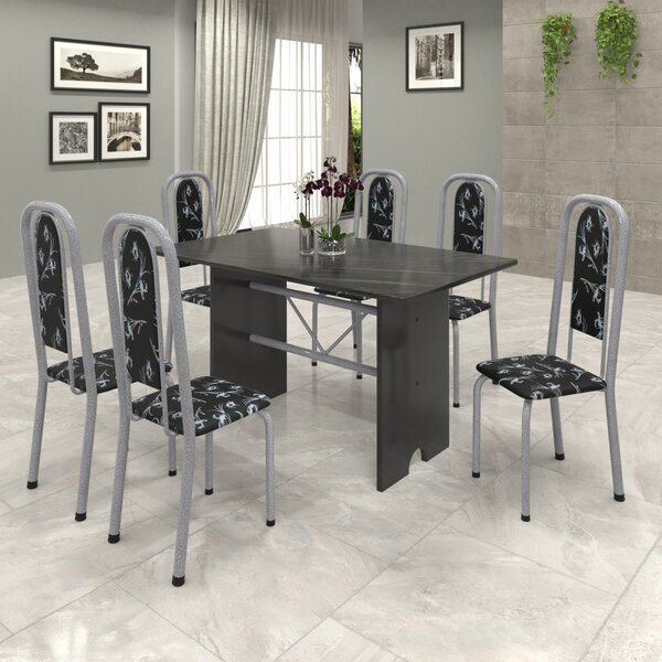 Conjunto De Mesa 140x75cm Tampo Ardósia Com 6 Cadeiras Lavíne