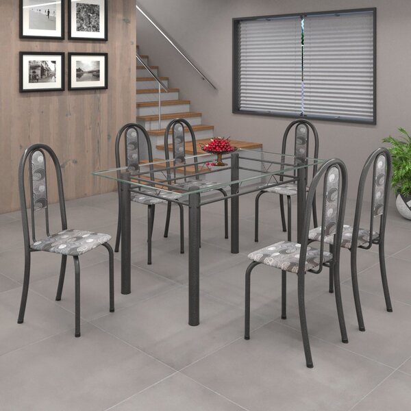 Conjunto De Mesa 140x75cm Tampo De Vidro Com 6 Cadeiras Iris