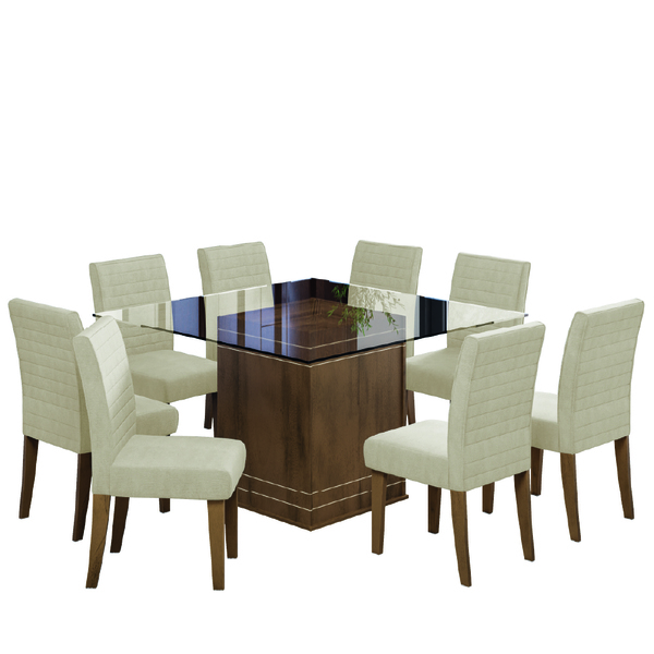 Conjunto De Mesa Com 8 Cadeiras Tampo De Vidro Onix Cedro