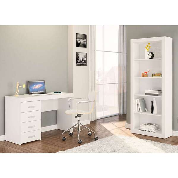 Conjunto De Mesa Com Estante De Escritório Paraná Branco