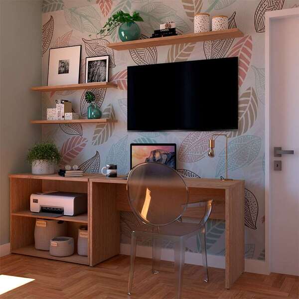 Conjunto De Mesa Com Estante E 3 Prateleiras Siena Carvalho M