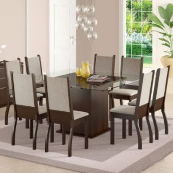 Conjunto de Mesa com Tampo de Vidro e 8 Cadeiras Tabaco-Pérol