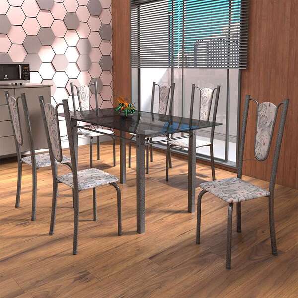 Conjunto De Mesa De Cozinha Com Tampo De Vidro E 6 Cadeiras M
