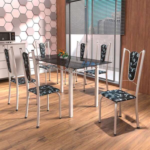 Conjunto De Mesa De Cozinha Com Tampo De Vidro E 6 Cadeiras M