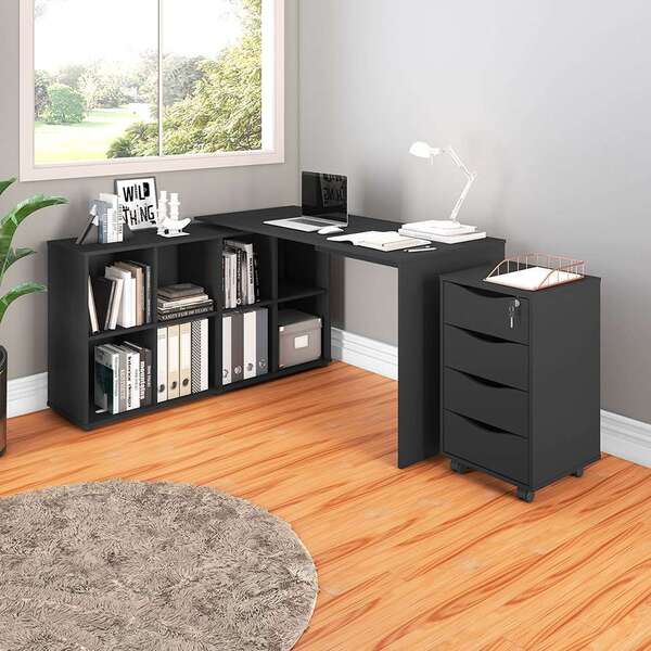 Conjunto De Mesa De Escritório Em L E Gaveteiro 4 Gv Nero Bit