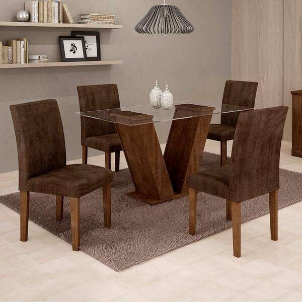 Conjunto De Mesa De Jantar Com 4 Cadeiras Classic Veludo Choc